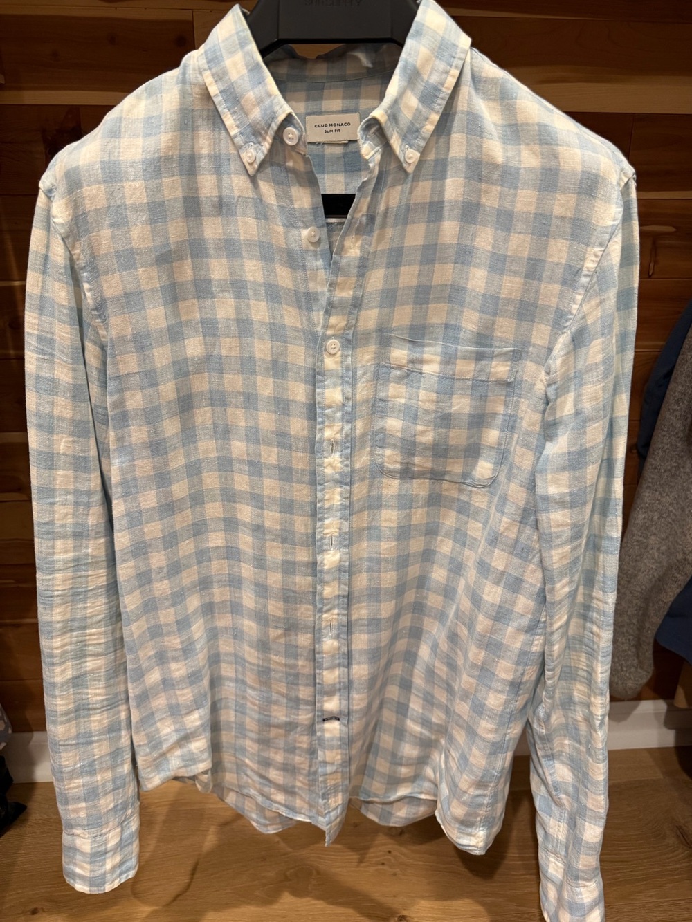 Club Monaco - Men's Light Blue and White Gingham Linen Button-Down Shirt